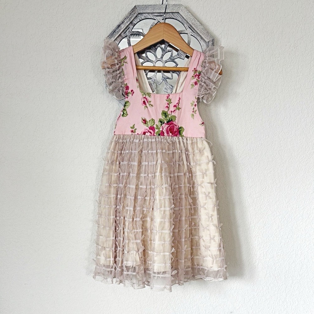 Olive Mae • Pink and Cream Coquette Floral Ruffle Handmade Pinafore Dress